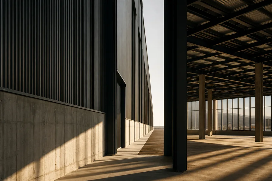 Arquitectura industrial contemporánea de hormigón y acero con sombras largas