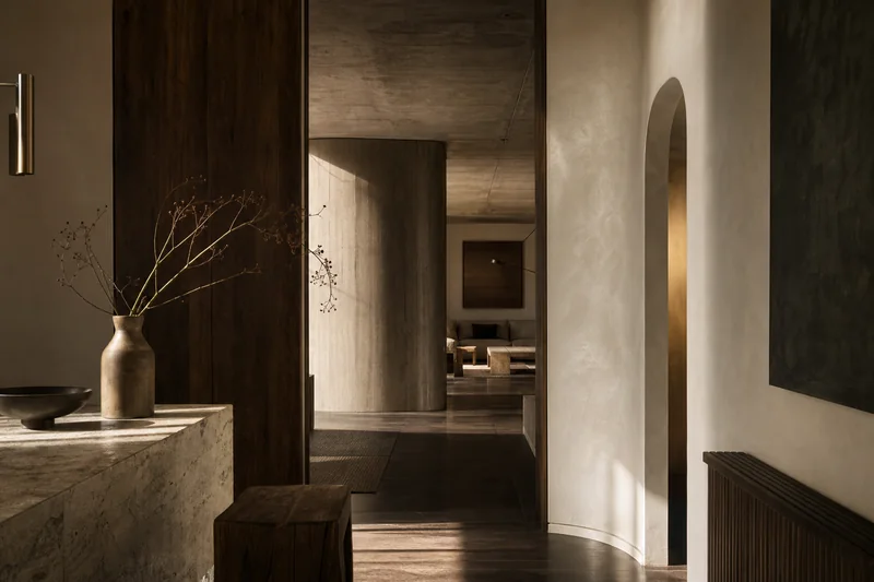Interior residencial contemporáneo con luz lateral, madera oscura y una abertura curva