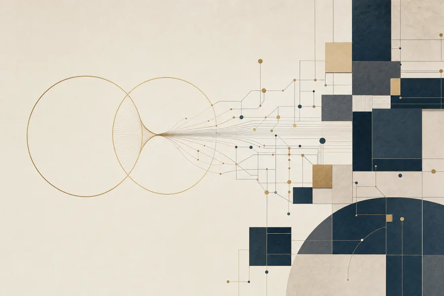 Composición abstracta: dos aros de latón de los que nacen líneas y nodos que se transforman en una red azul